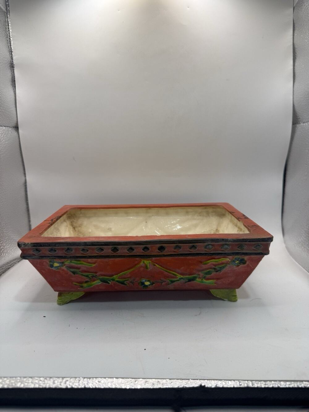 Vintage Ceramic Footed Planter Red Floral Jardiniere 9” Planter Decor *